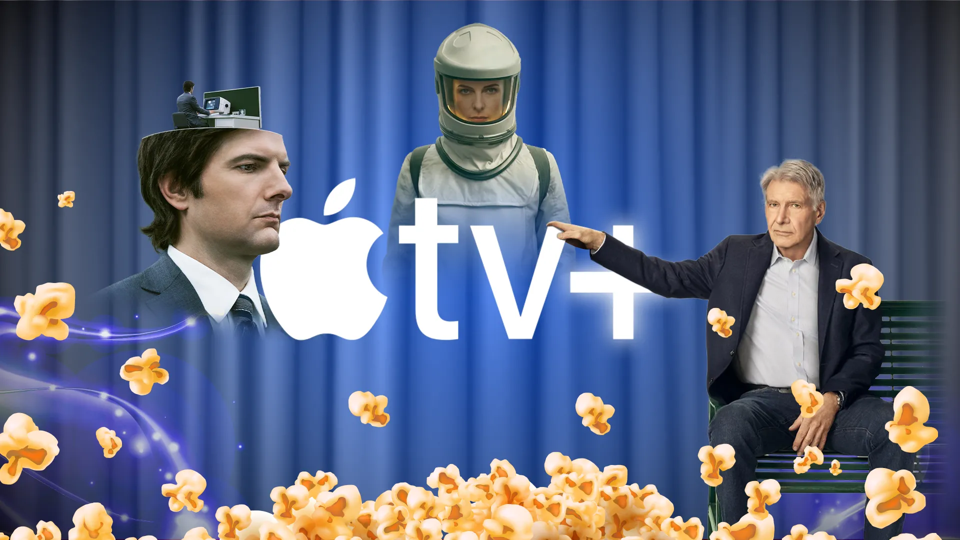 Logo Apple TV+ với bắp rang bơ và các nhân vật từ những chương trình nổi tiếng của dịch vụ, biểu tượng cho nội dung giải trí cao cấp