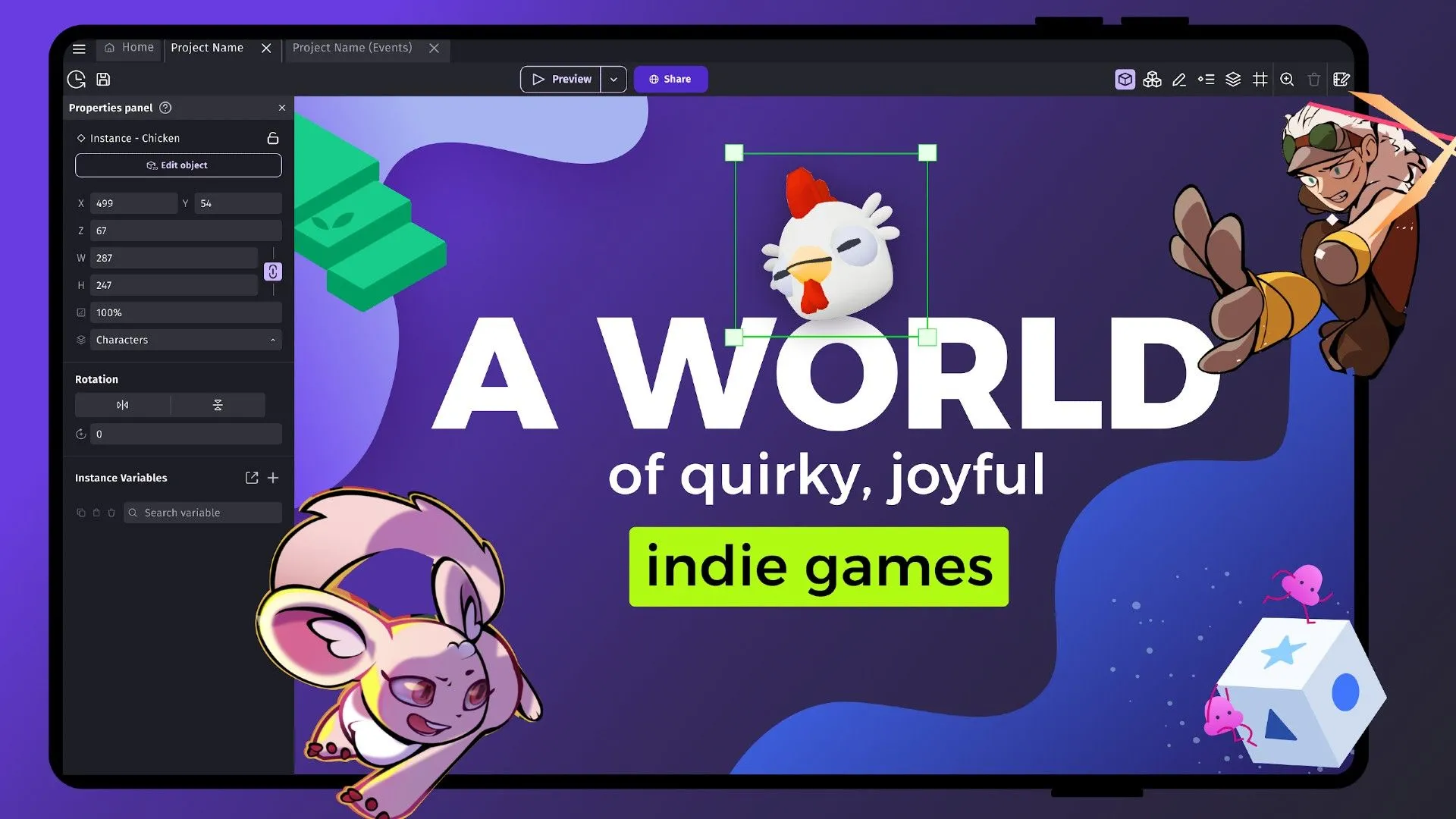 Logo GDevelop trên màn hình, minh họa khả năng tạo game 2D và 3D không cần code, phù hợp để làm game Android