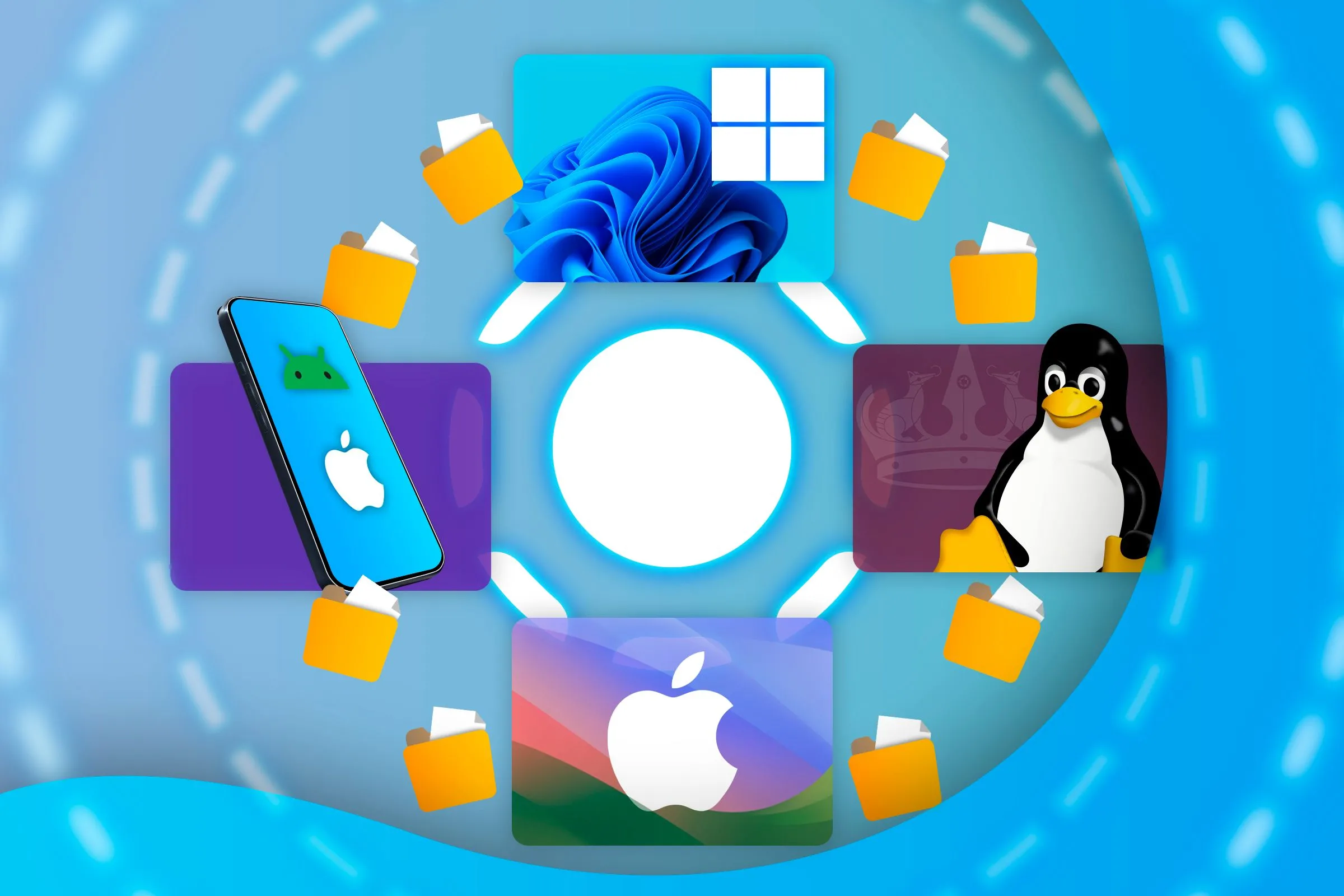 Logo LocalSend cùng các biểu tượng Windows, macOS, Linux, Android và iOS, minh họa khả năng truyền tệp đa nền tảng của ứng dụng.