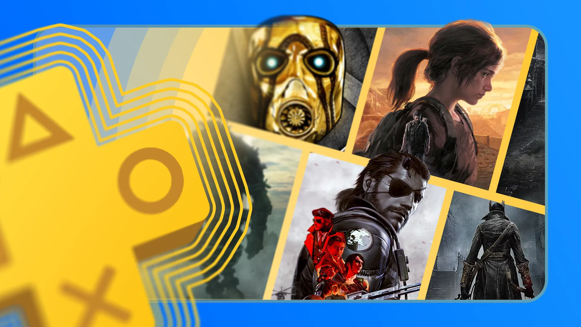 Logo PlayStation Plus bên cạnh một số tựa game, biểu tượng của dịch vụ lưu trữ đám mây hiện đại.
