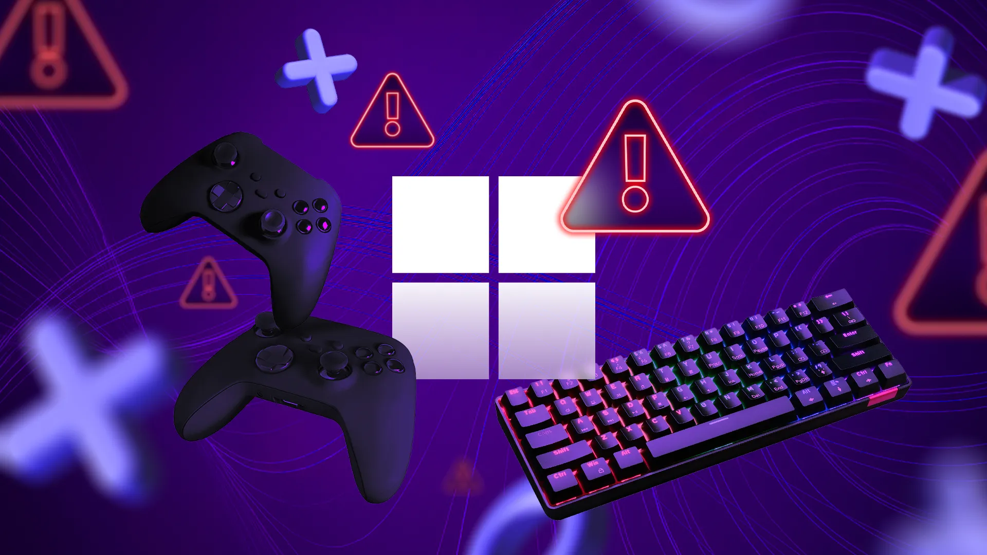 Logo Windows được bao quanh bởi các tay cầm chơi game và bàn phím, cùng nhiều biển báo cảnh báo xung quanh, tượng trưng cho những thách thức của Windows trong thị trường game PC.