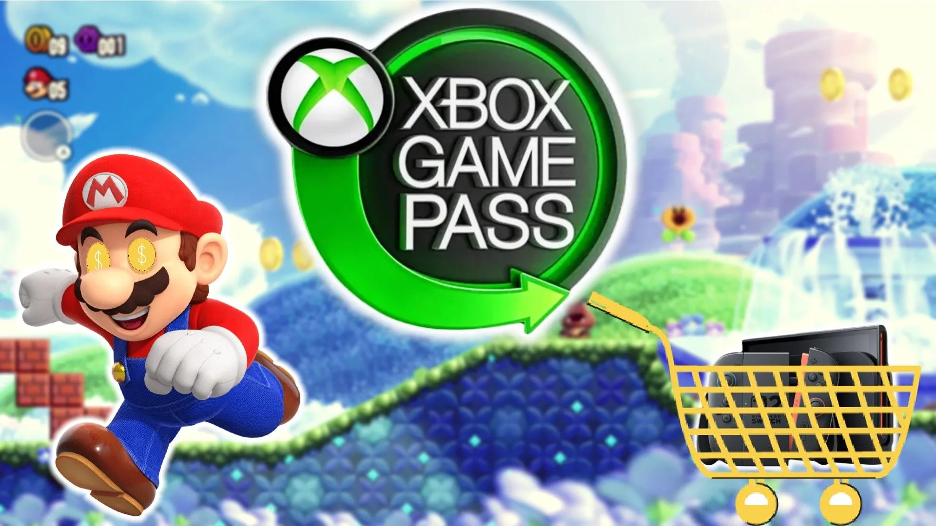 Logo Xbox Game Pass đặt giữa Mario với đôi mắt vàng và Nintendo Switch 2 trong xe đẩy hàng màu vàng, trên nền là cấp độ từ Mario Bros Wonder, tượng trưng cho chiến lược đa nền tảng.