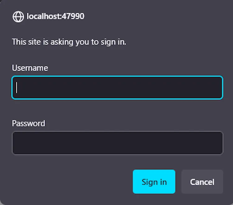 Lời nhắc đăng nhập Sunshine Web UI.