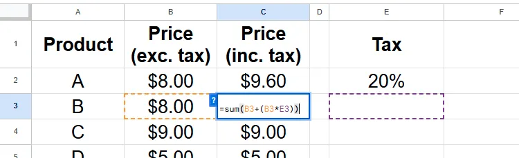 Lỗi tham chiếu trong Google Sheets khi sao chép công thức mà không cố định ô thuế, minh họa vấn đề của tham chiếu tương đối