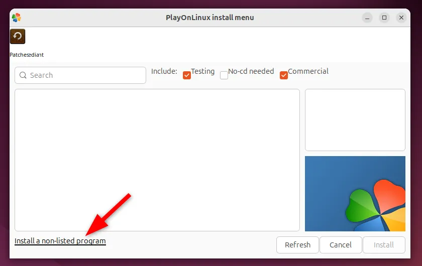 Lựa chọn &quot;Install a Non-Listed Program&quot; trong PlayOnLinux Install Menu để cài đặt ứng dụng Windows không có sẵn