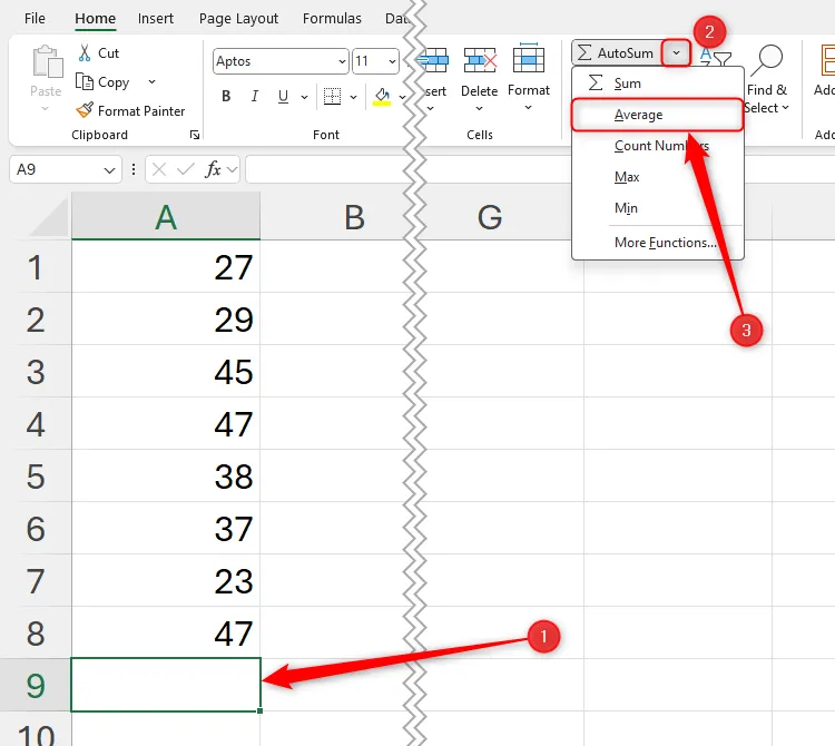 Lựa chọn tính năng AutoSum Average trong Excel để tính giá trị trung bình của các ô từ A1 đến A8, áp dụng cho ô A9.