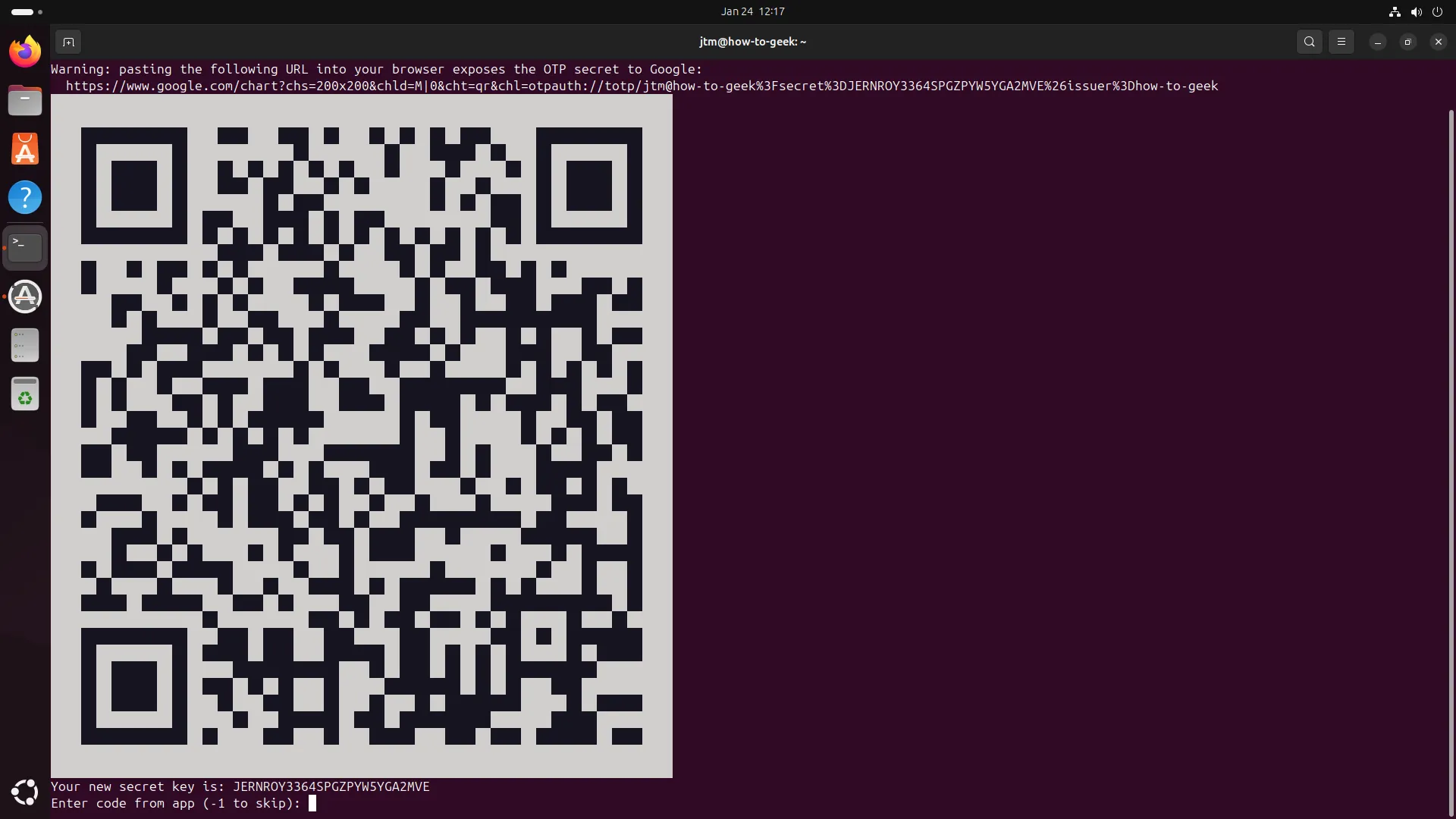 Mã QR được tạo bởi Google Authenticator hiển thị trên terminal Ubuntu để thiết lập xác thực hai yếu tố (2FA).
