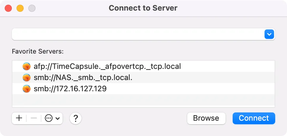macOS Finder hiển thị danh sách yêu thích trong cửa sổ Connect to Server.