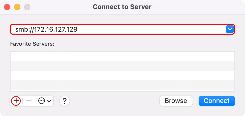 macOS Finder hiển thị nút thêm vào danh sách yêu thích trong cửa sổ Connect to Server.