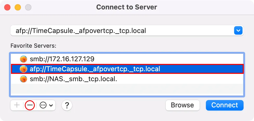 macOS Finder hiển thị nút xóa khỏi danh sách yêu thích trong cửa sổ Connect to Server.
