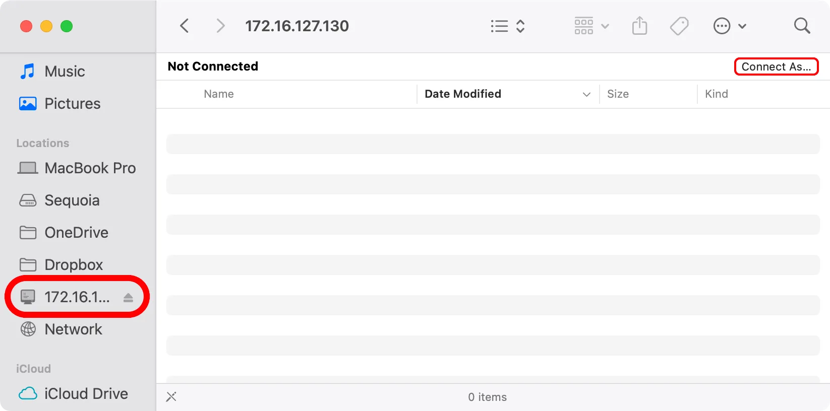 macOS Finder với một chia sẻ mạng được chọn trong thanh bên và nút Connect As được chú thích.