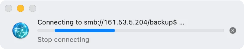 macOS hiển thị chỉ báo tiến trình khi kết nối với máy chủ SMB.