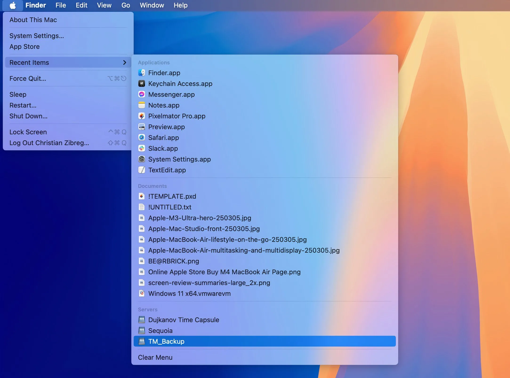 macOS hiển thị danh sách Recent Items trong menu Finder, với một mục được chọn trong phần Servers.