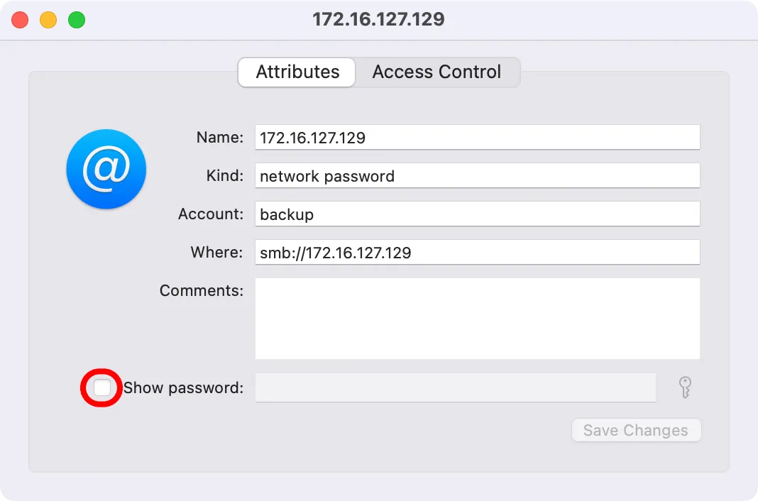 macOS Keychain Access hiển thị thông tin mật khẩu mạng đã lưu, với hộp Show Password được chú thích.