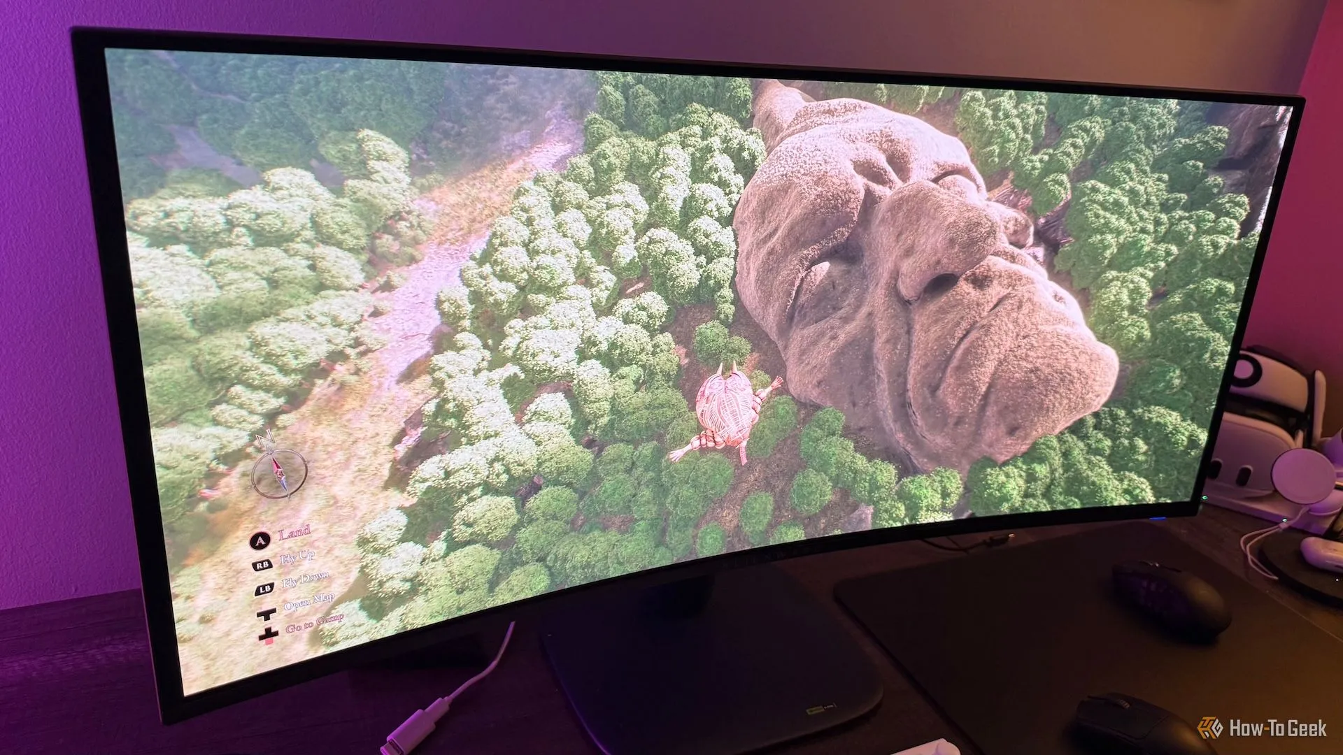Màn hình Alienware AW3425DW cong siêu rộng hiển thị cảnh game Clair Obscur: Expedition 33 với nhân vật Esquie đang bay lượn.