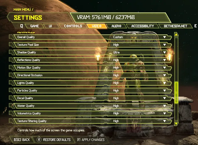Màn hình cài đặt đồ họa chi tiết trong game Doom Eternal trên nền tảng PC.
