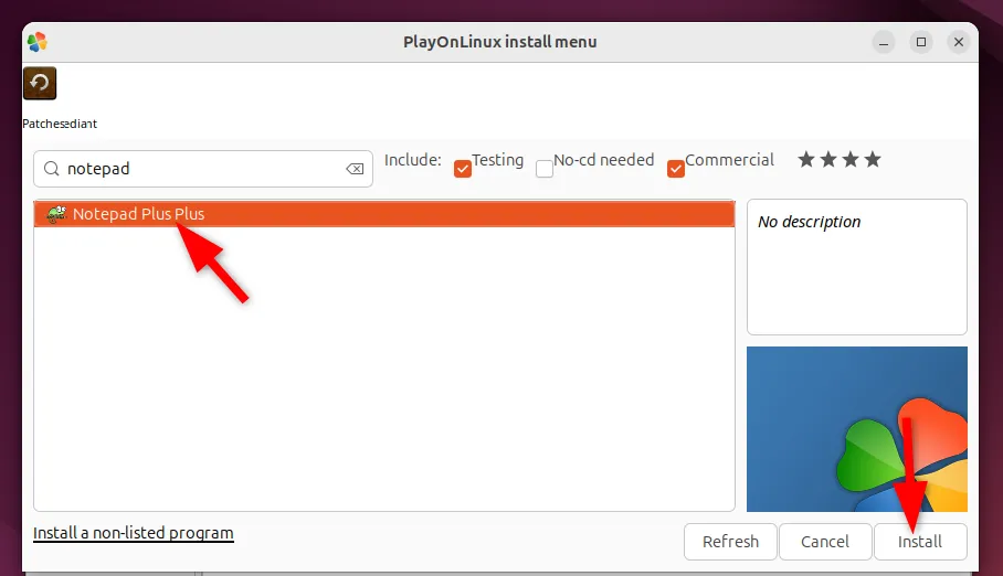 Màn hình cài đặt Notepad++ trên PlayOnLinux, hiển thị ứng dụng được chọn trong danh sách