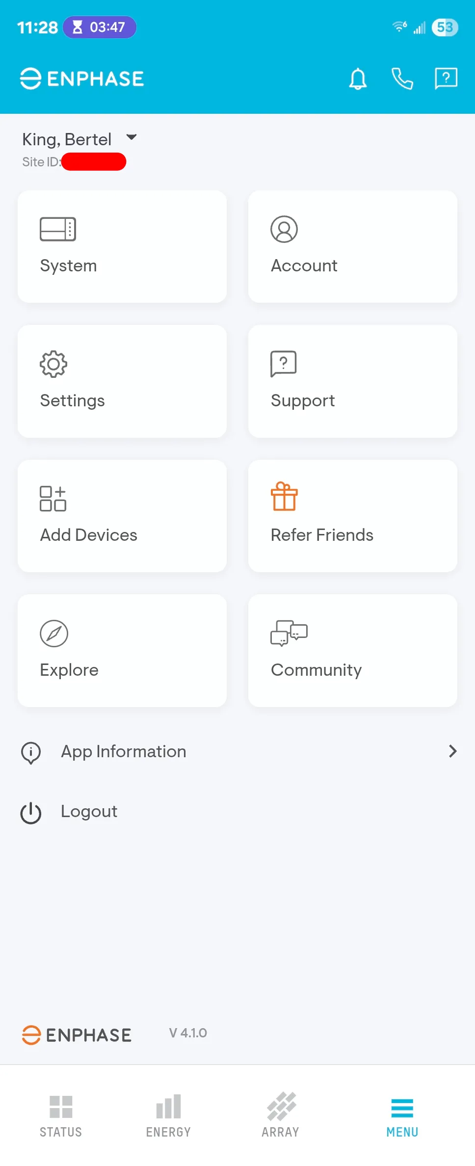 Màn hình cài đặt trong ứng dụng Enphase Enlighten trên điện thoại Android