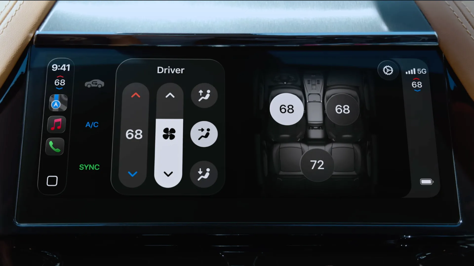 Màn hình CarPlay Ultra tích hợp các chức năng điều khiển xe như điều hòa và sưởi ghế
