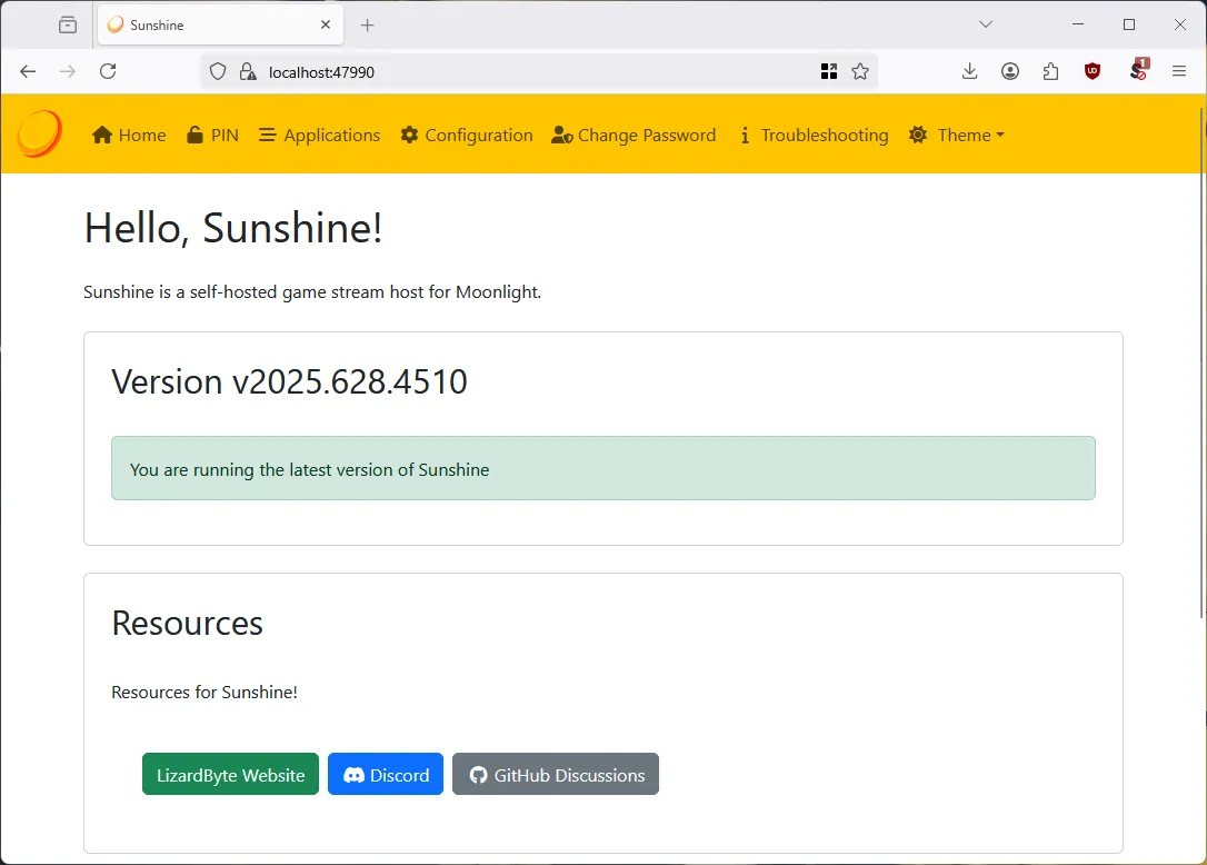 Màn hình cấu hình web UI của Sunshine game streaming server