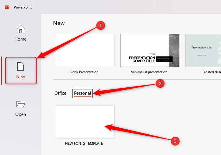 Màn hình chào mừng Microsoft PowerPoint với mẫu template cá nhân đã tạo được chọn.
