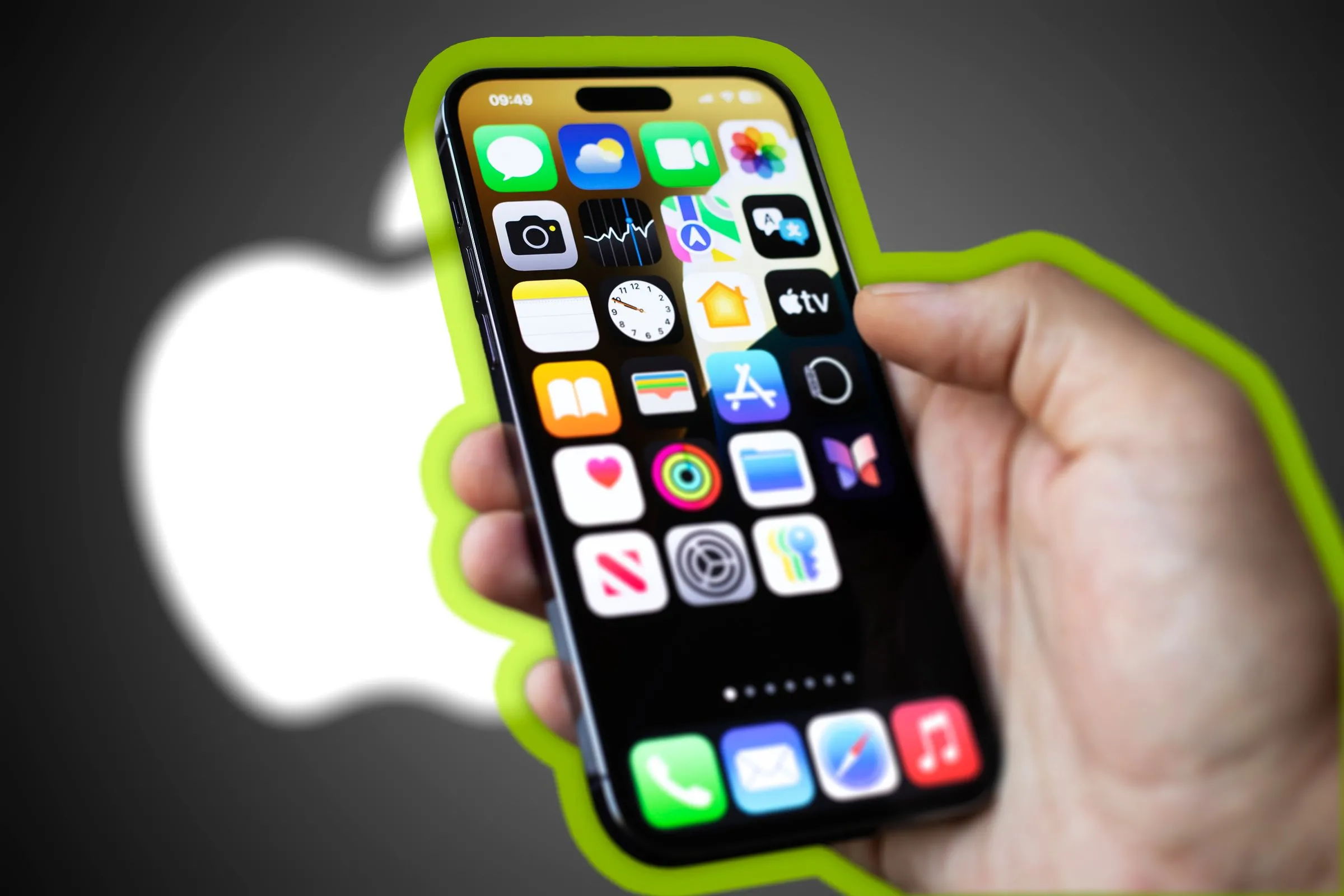 Màn hình chính iPhone với các biểu tượng ứng dụng đã ẩn tên, nền là logo Apple