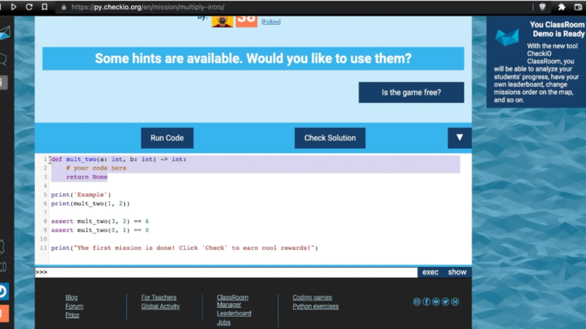 Màn hình chơi game CheckiO hiển thị trình chỉnh sửa mã nguồn (code editor) với các thử thách lập trình Python.