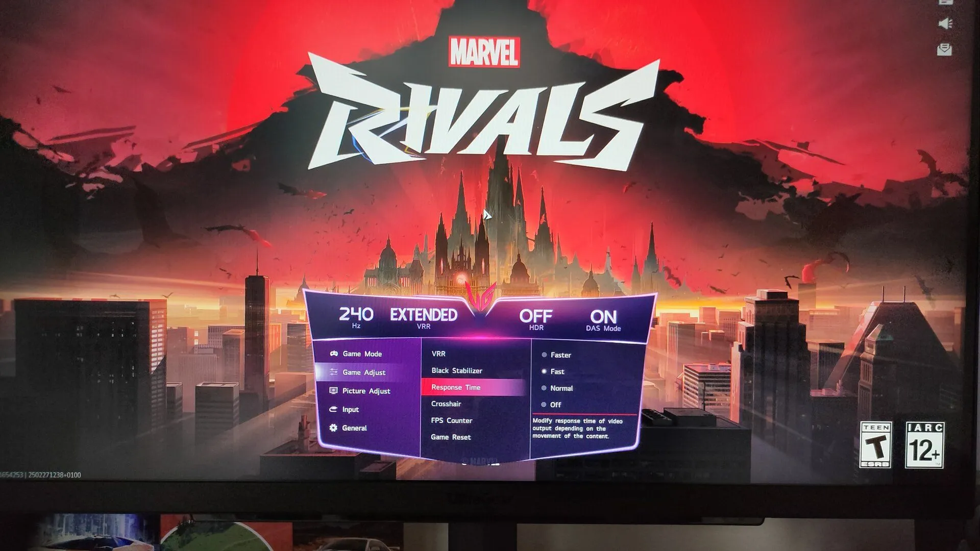 Màn hình chơi game LG với menu cài đặt gaming hiển thị, minh họa việc điều chỉnh các thiết lập đồ họa để tối ưu trải nghiệm.