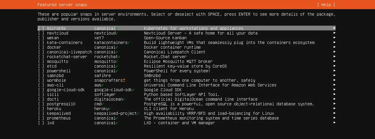 Màn hình chọn phần mềm trước khi cài đặt Ubuntu Server