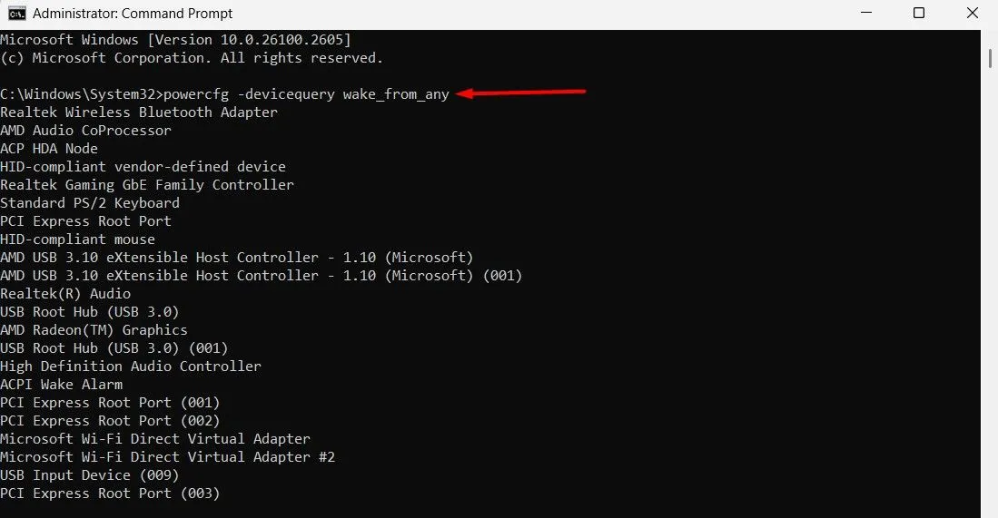 Màn hình Command Prompt hiển thị danh sách thiết bị có thể đánh thức máy tính Windows 11 từ chế độ ngủ.