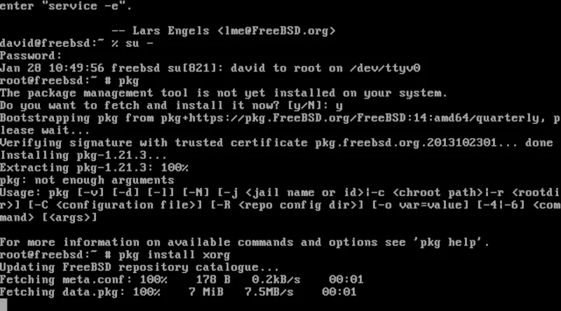 Màn hình console FreeBSD hiển thị quá trình cài đặt gói xorg bằng lệnh pkg, chuẩn bị cho môi trường đồ họa.