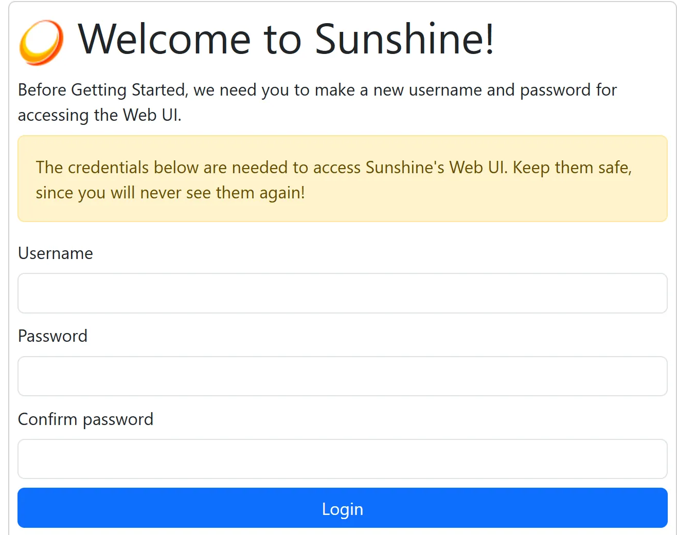 Màn hình đăng nhập Sunshine Web UI.