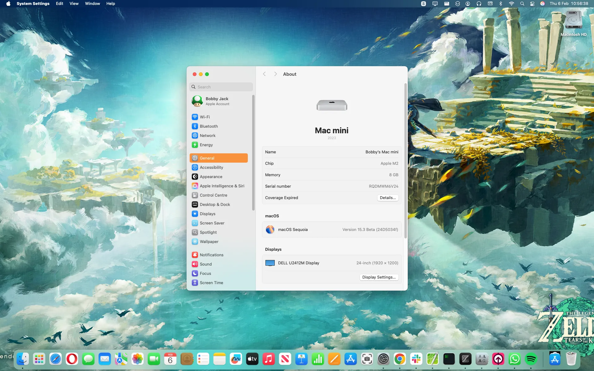 Màn hình desktop macOS với cửa sổ &quot;About&quot; hiển thị thông tin hệ thống.