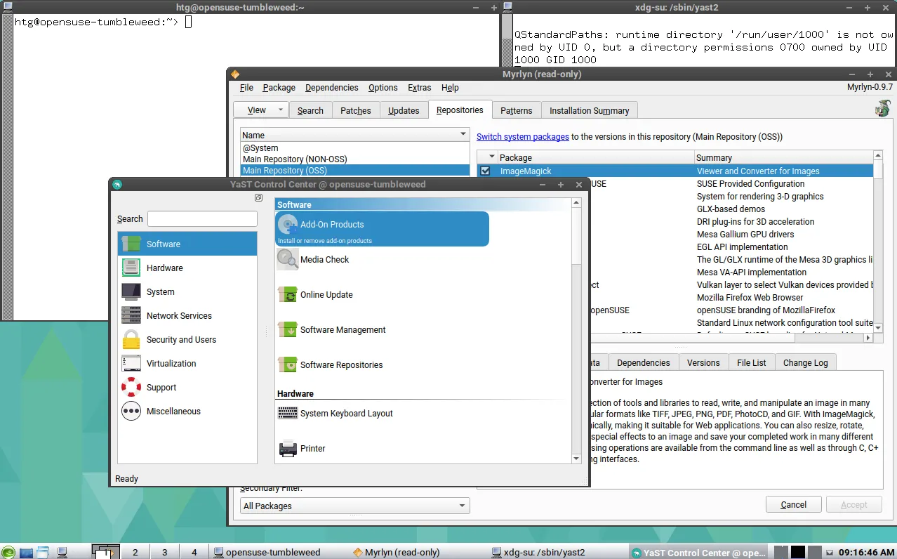 Màn hình desktop openSUSE với môi trường icewm tối giản và nhiều ứng dụng đang mở, minh họa khả năng tùy biến.