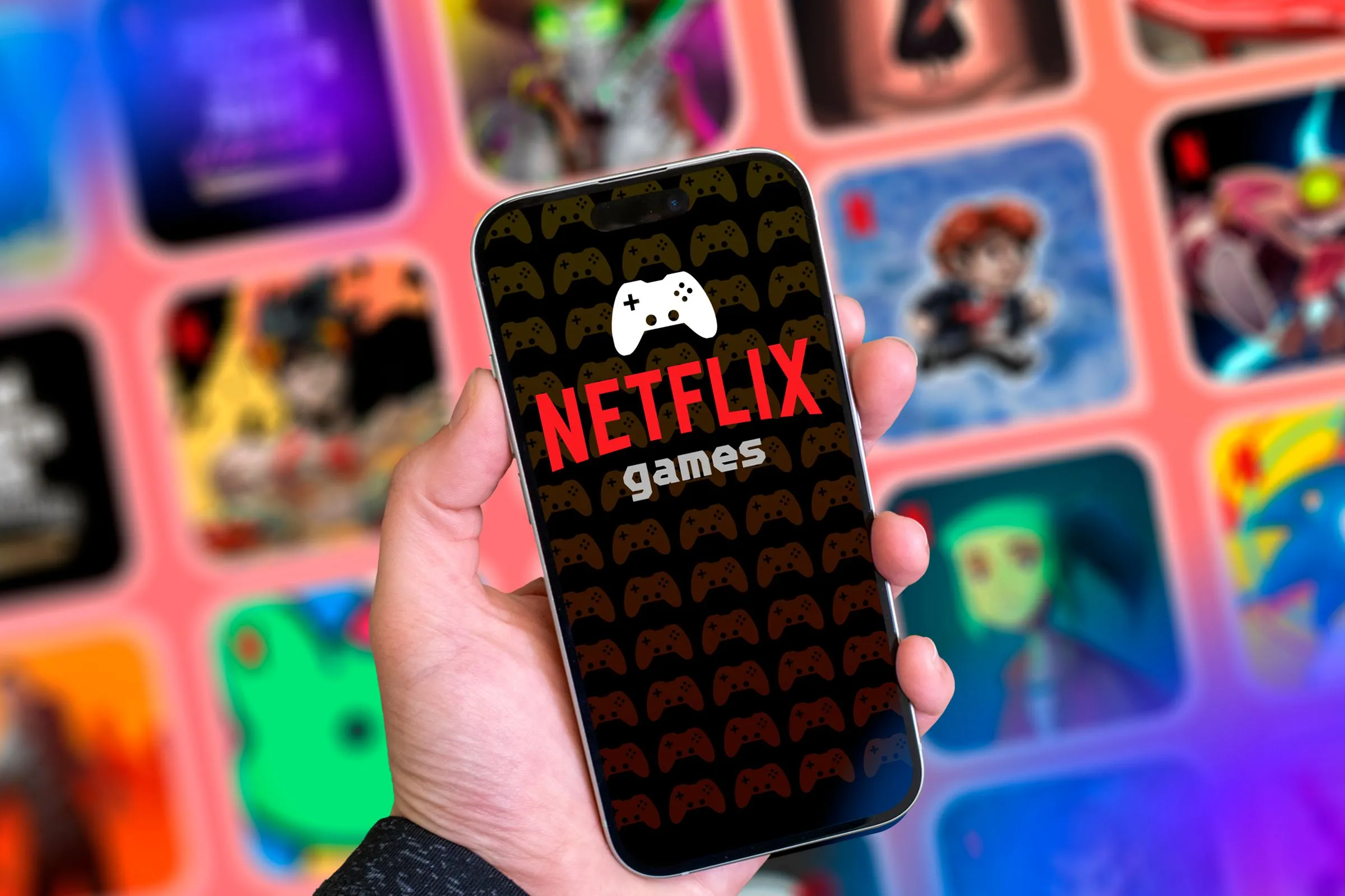 Màn hình điện thoại hiển thị danh mục &quot;Netflix Games&quot; với một số tựa game nổi bật trong nền, minh họa kho game của Netflix.