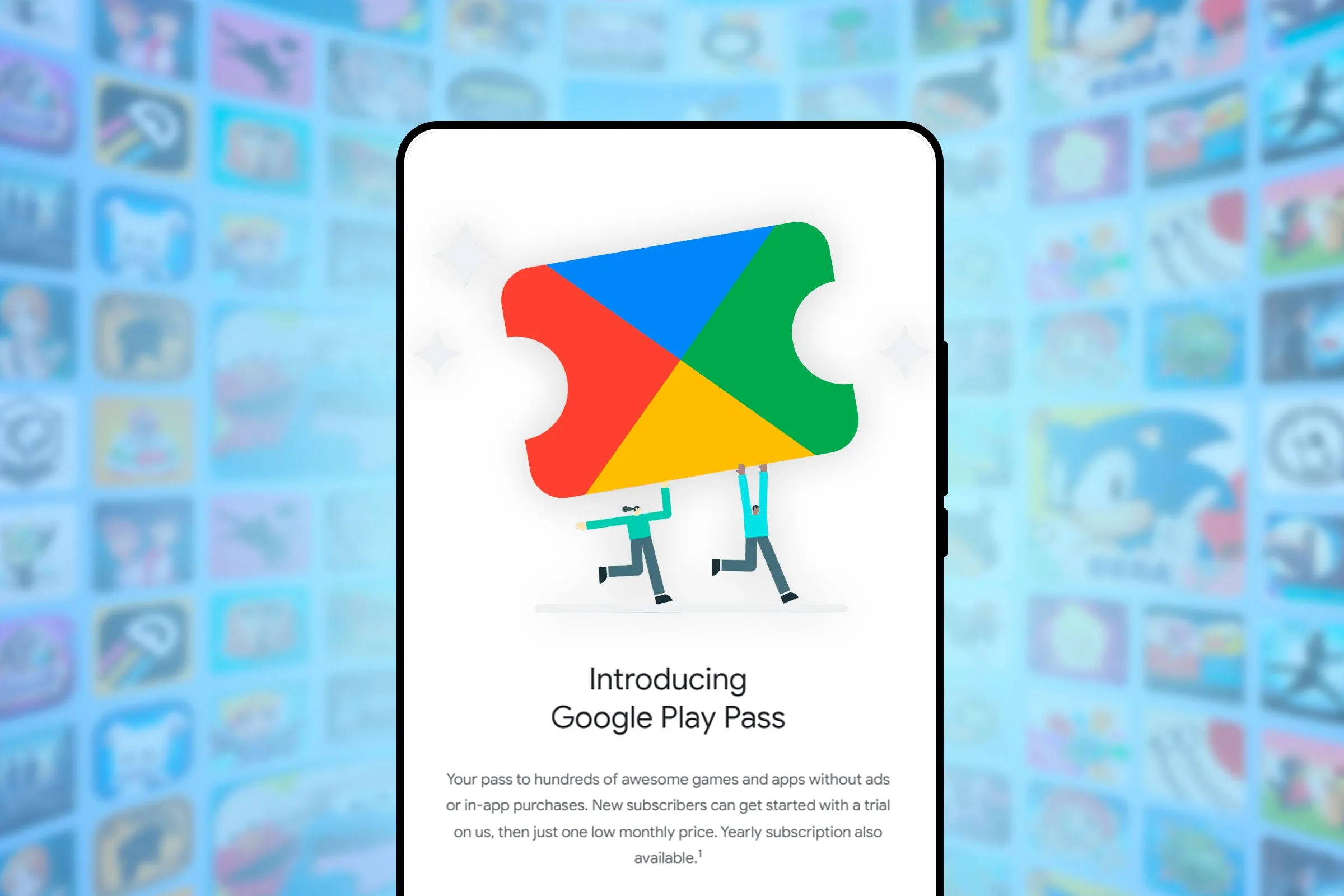 Màn hình điện thoại hiển thị giao diện Google Play Pass với các tựa game có sẵn, thể hiện lợi ích của dịch vụ đăng ký game.