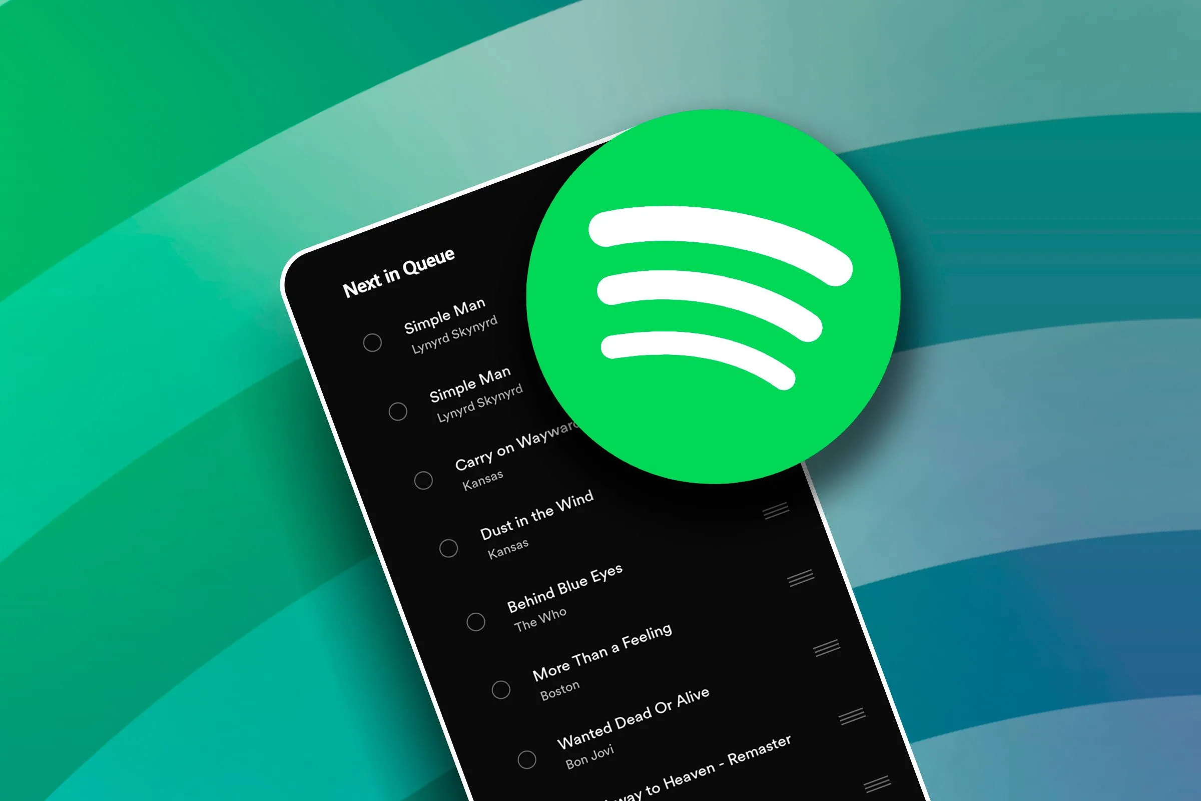 Màn hình điện thoại hiển thị giao diện hàng chờ phát nhạc của Spotify, cùng logo Spotify, minh họa tính năng Jam mới trên Android Auto