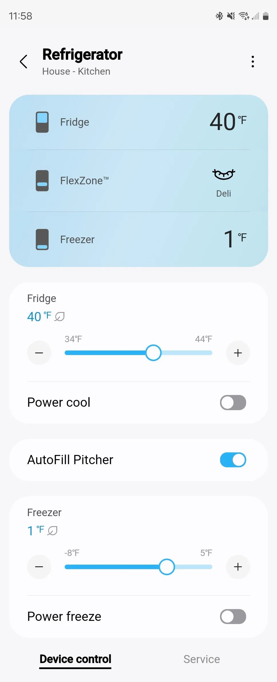 Màn hình điều khiển tủ lạnh Samsung trong ứng dụng SmartThings trên điện thoại Android, cho phép người dùng tùy chỉnh cài đặt từ xa.