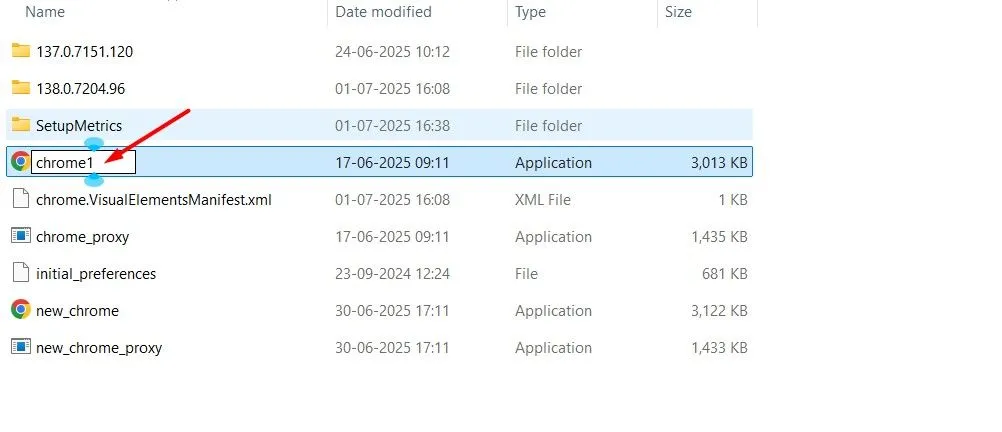 Màn hình đổi tên file thực thi chrome.exe thành chrome1 trên hệ điều hành Windows.