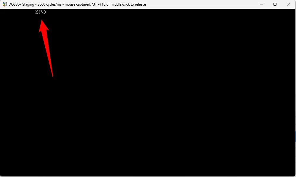 Màn hình DOSBox Staging hiển thị ổ Z: đang hoạt động mặc định trước khi chuyển sang ổ C