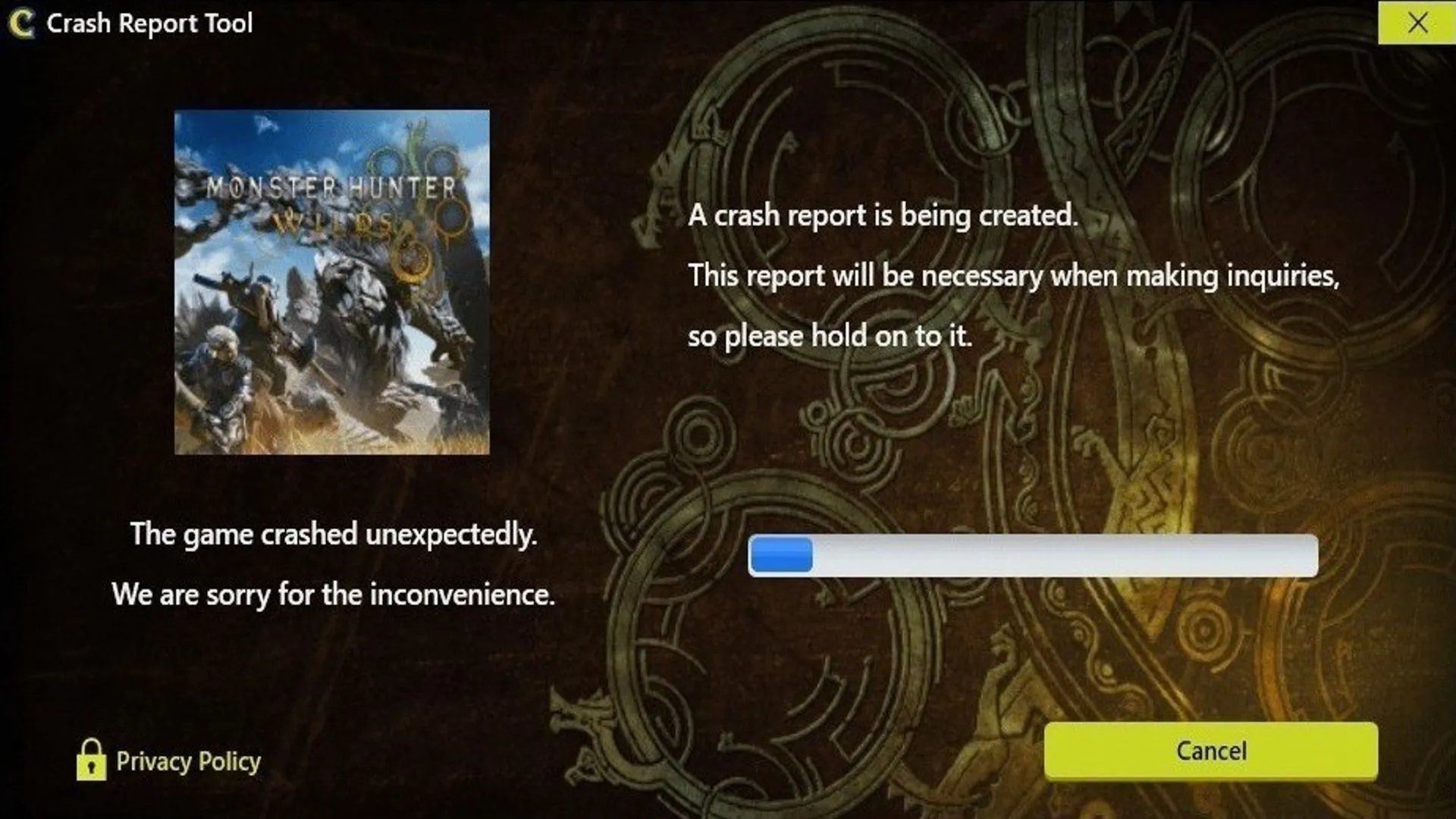 Màn hình game Monster Hunter Wilds bị lỗi và crash, minh họa vấn đề tối ưu game khi mới ra mắt.