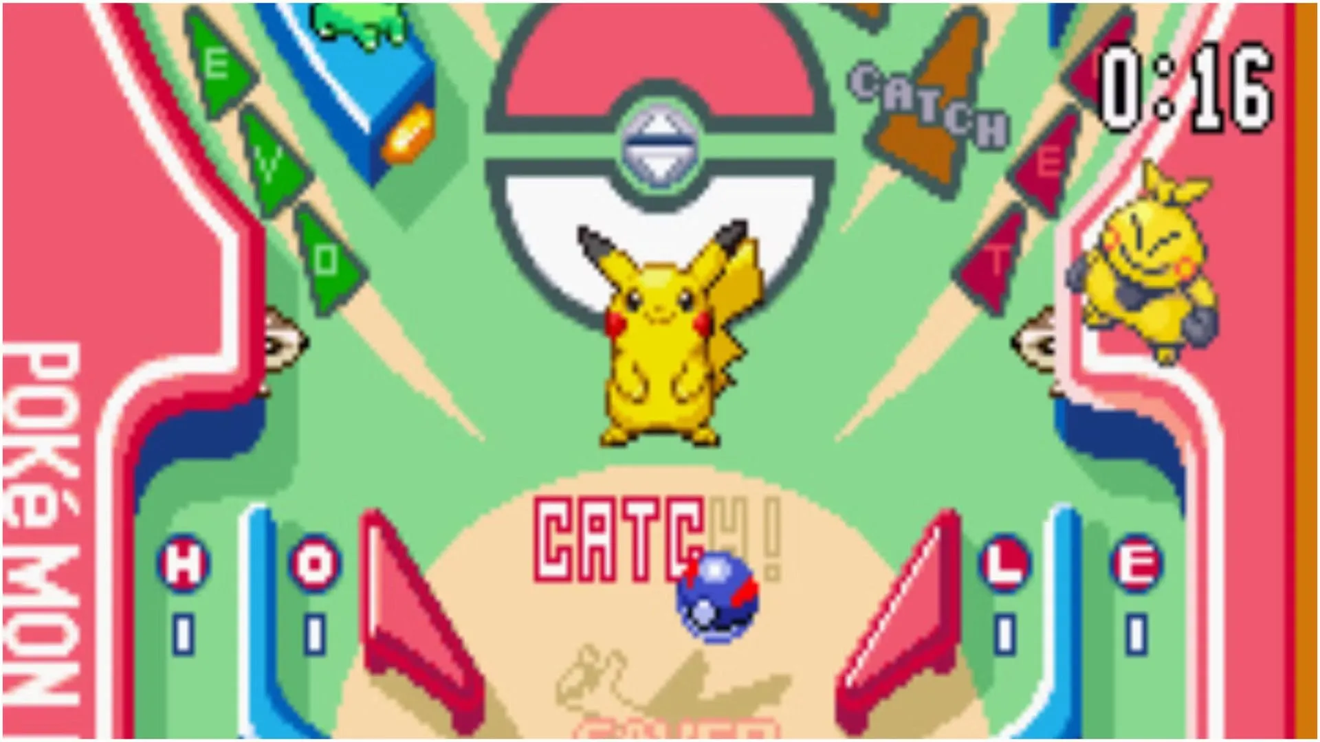 Màn hình gameplay của tựa game Pokémon Pinball trên Game Boy Color với các Pokémon và vật phẩm đặc trưng.