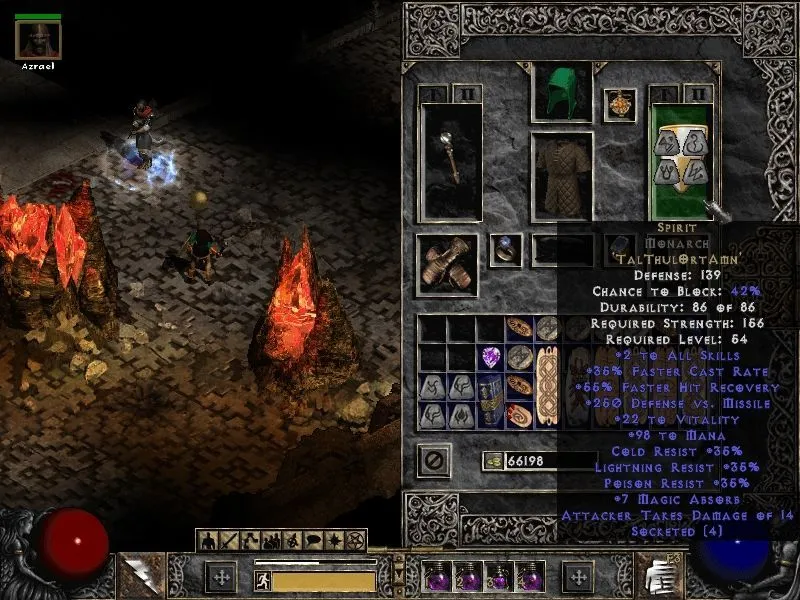 Màn hình giao diện kỹ năng và trang bị trong Diablo II: Lord of Destruction, cho thấy sự đa dạng trong tùy biến nhân vật