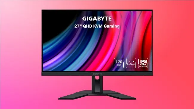 Màn hình Gigabyte M27Q với thiết kế viền mỏng và chân đế vững chắc, hiển thị giao diện chơi game.