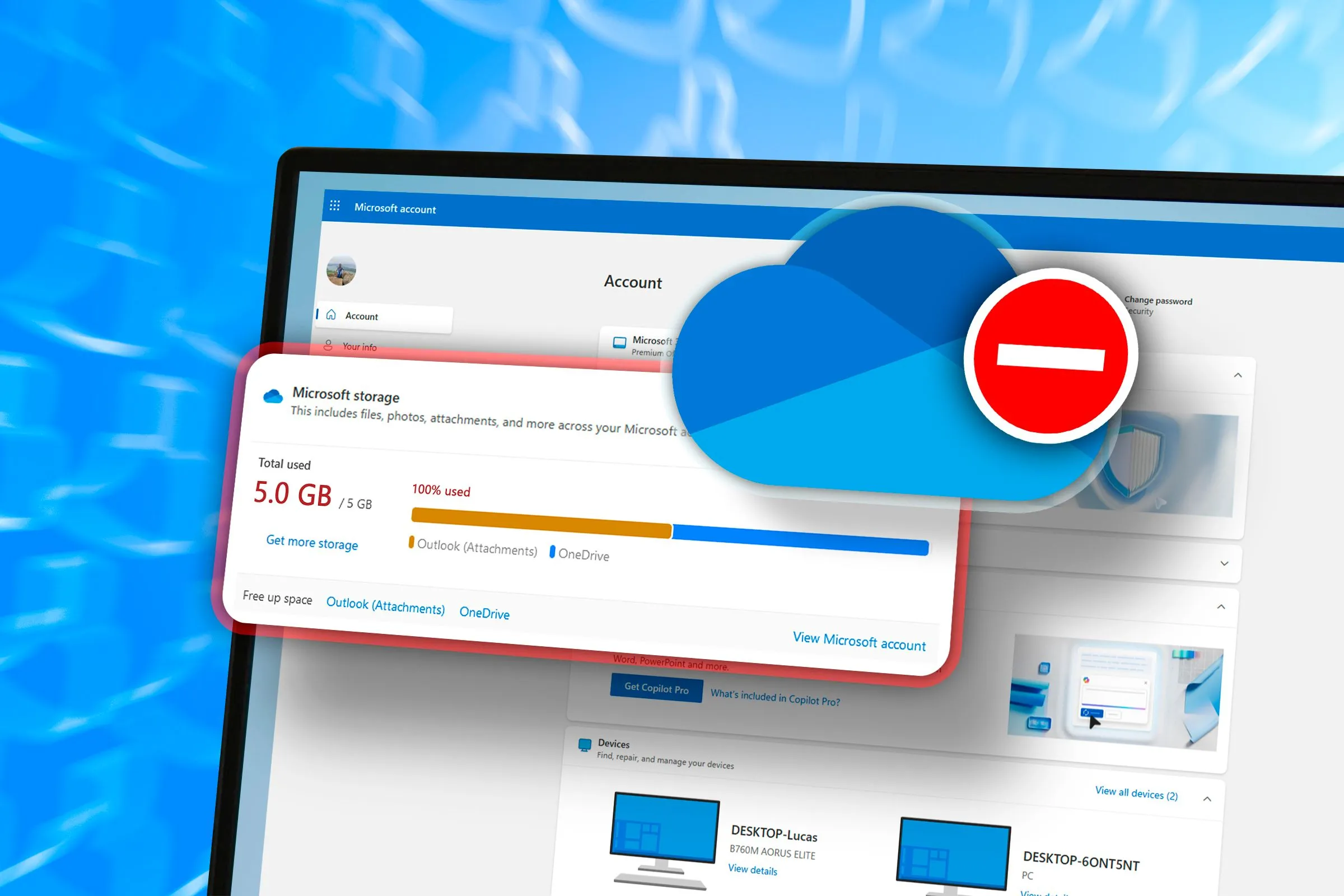 Màn hình hiển thị cửa sổ OneDrive với thông báo dung lượng lưu trữ đầy, cần giải phóng không gian