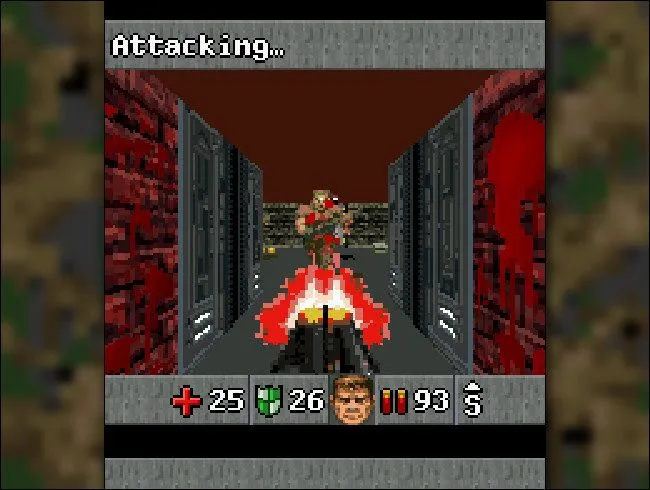 Màn hình hiển thị game DOOM RPG trên điện thoại di động cổ điển, một ví dụ về game trên điện thoại &quot;cục gạch&quot;.