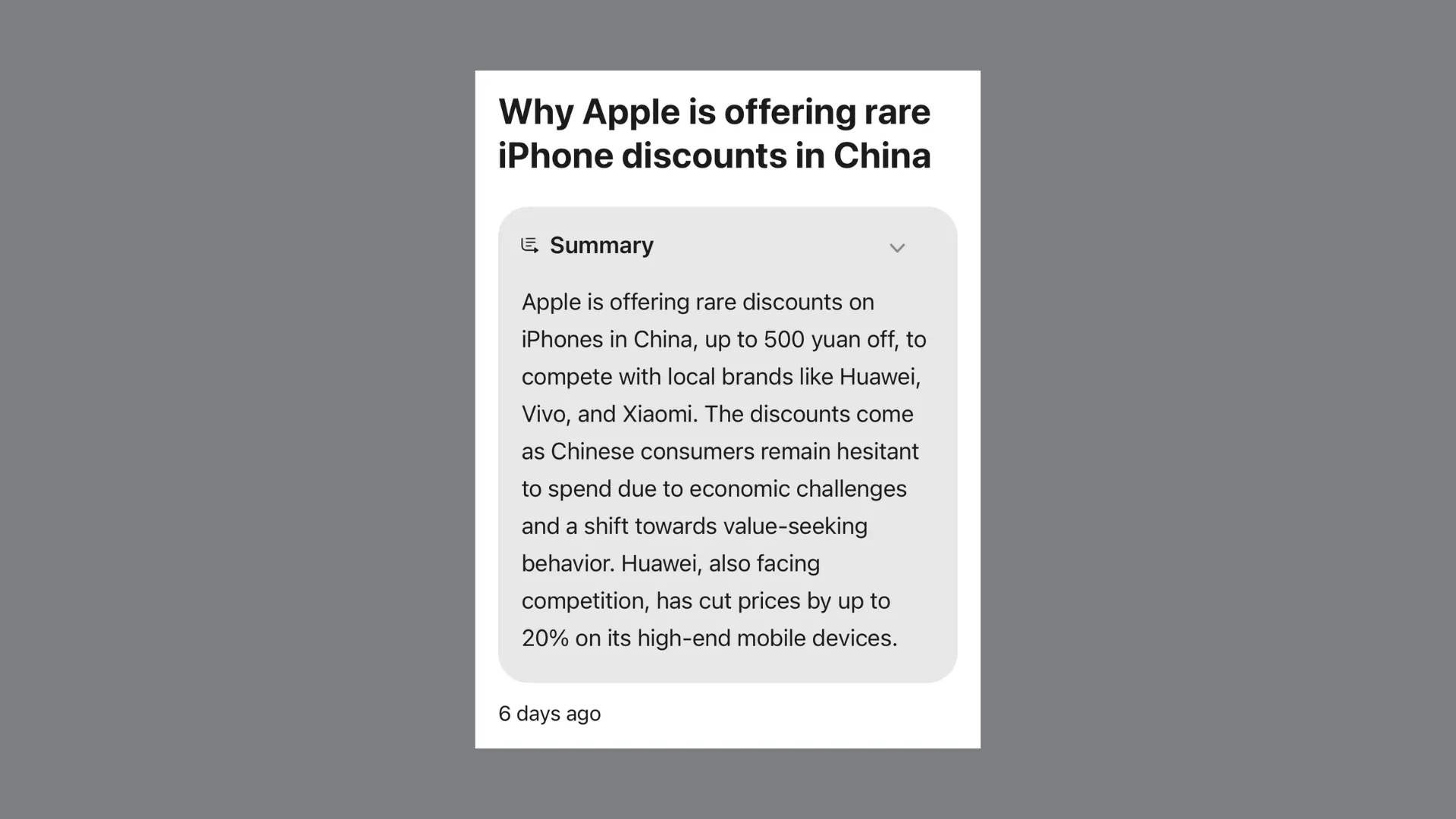 Màn hình hiển thị kết quả tóm tắt từ Webpage Summaries của Apple Intelligence về một bài báo BBC phân tích lý do Apple giảm giá sản phẩm tại thị trường Trung Quốc, cho thấy khả năng nắm bắt các chi tiết chính