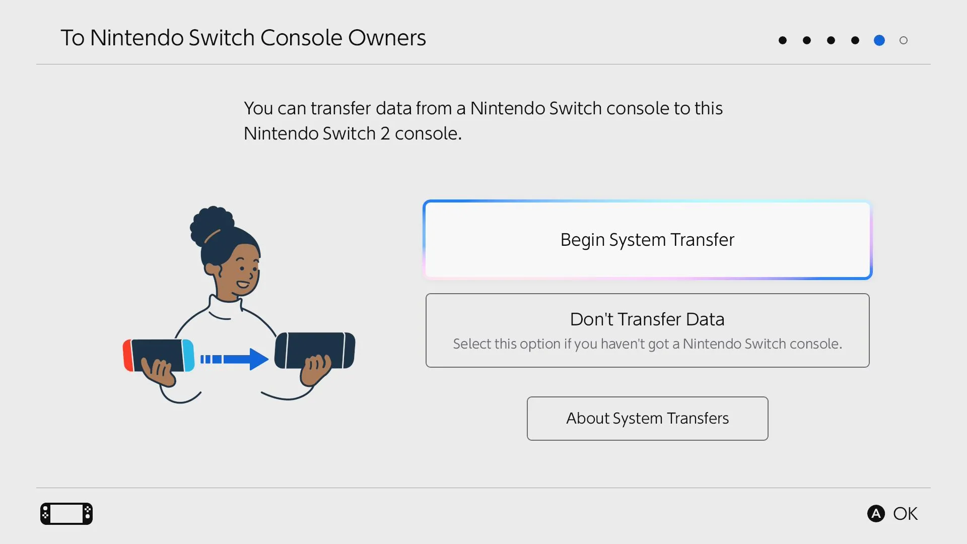 Màn hình hướng dẫn bắt đầu chuyển dữ liệu hệ thống trên Nintendo Switch 2.