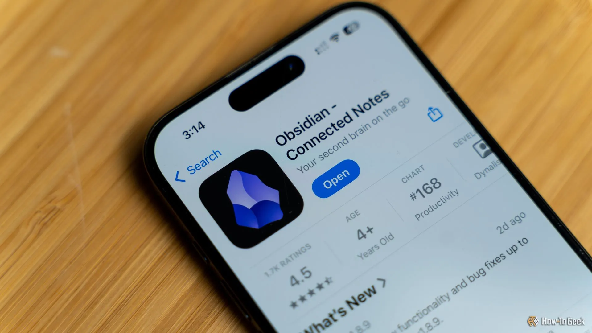 Màn hình iPhone 15 Pro hiển thị trang ứng dụng Obsidian Notes trên Apple App Store, minh họa công cụ ghi chú hiện đại