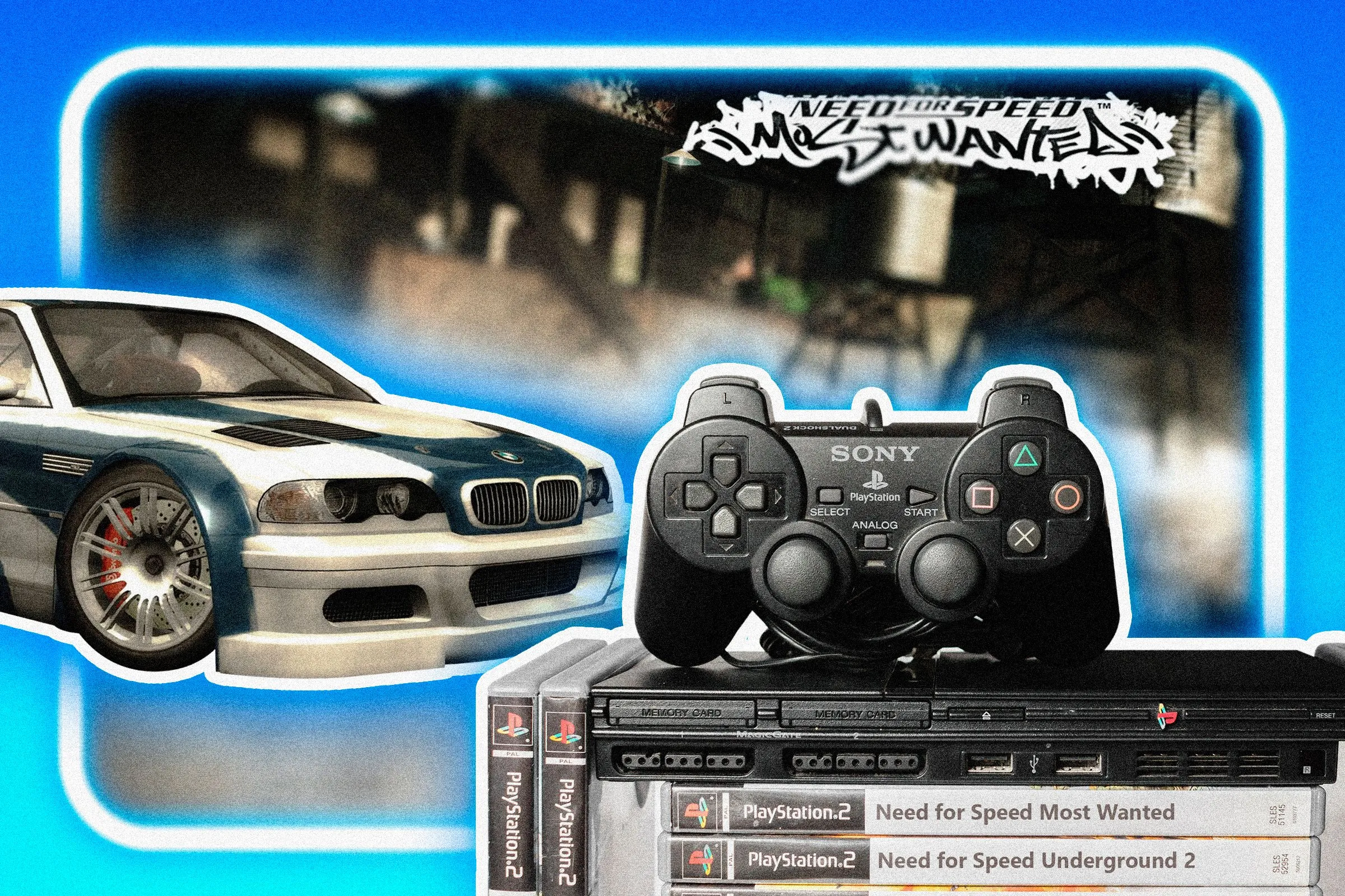 Màn hình khởi động của Need for Speed: Most Wanted (2005) với bộ điều khiển PlayStation 2, gợi nhớ về một tựa game đầy thách thức và trừng phạt.
